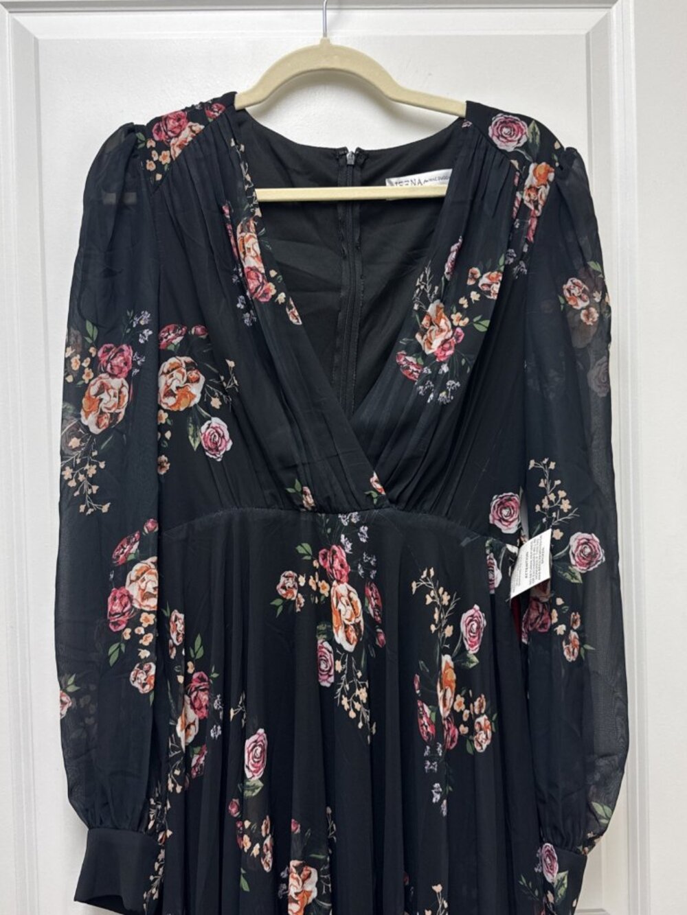 Mac Duggal Size 6 Black Floral 55661 Belted Long Sleeve V-neck Gown Dress Flaws - Picture 7 of 16